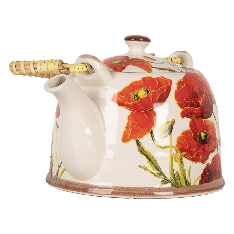 Clayre & Eef 6CETE0171 Theepot Met Filter 800 Ml Wit Rood Keramiek Bloemen