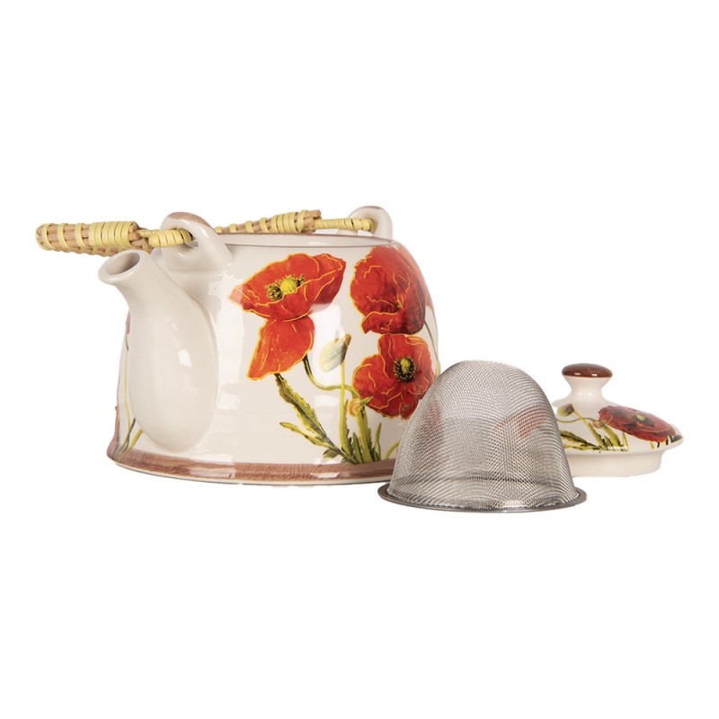 Clayre & Eef 6CETE0171 Theepot Met Filter 800 Ml Wit Rood Keramiek Bloemen