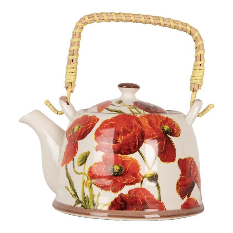 clayre & eef 6CETE0171 Theepot met Filter 800 ml Wit Rood Keramiek Bloemen