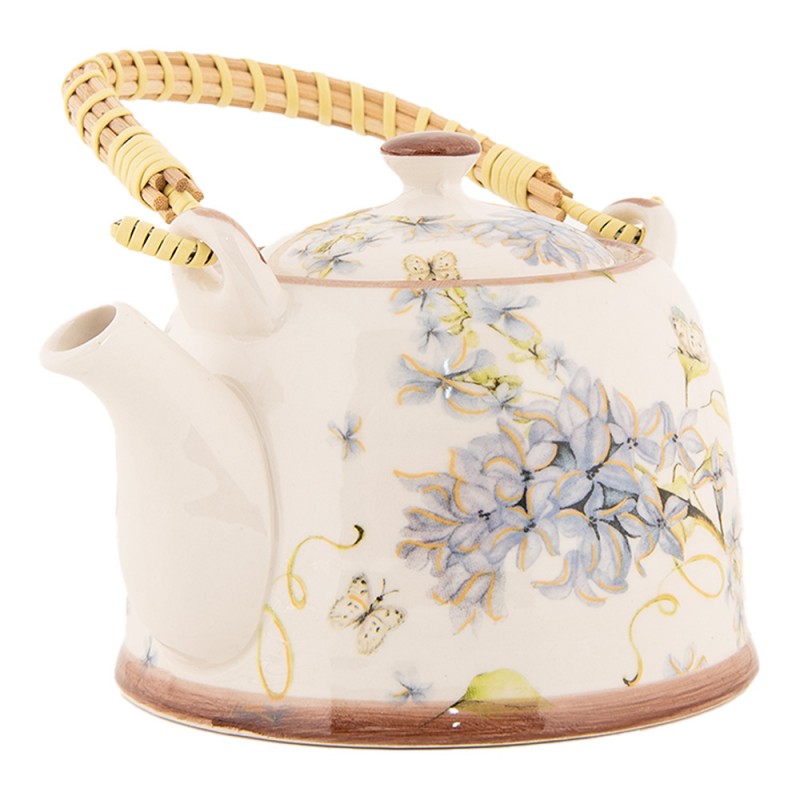 Clayre & Eef 6CETE0173 Theepot Met Filter 800 Ml Wit Blauw Keramiek Bloemen