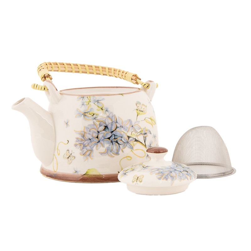Clayre & Eef 6CETE0173 Theepot Met Filter 800 Ml Wit Blauw Keramiek Bloemen