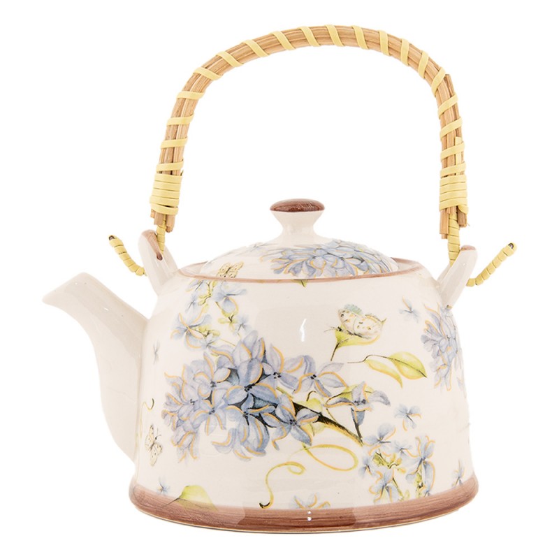 clayre & eef 6CETE0173 Theepot met Filter 800 ml Wit Blauw Keramiek Bloemen
