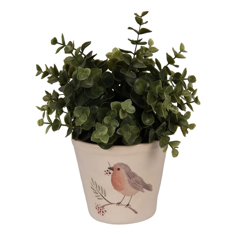 Clayre & Eef 6CEVGP0001S Bloempot Ø 12x11 Cm Beige Keramiek Vogel
