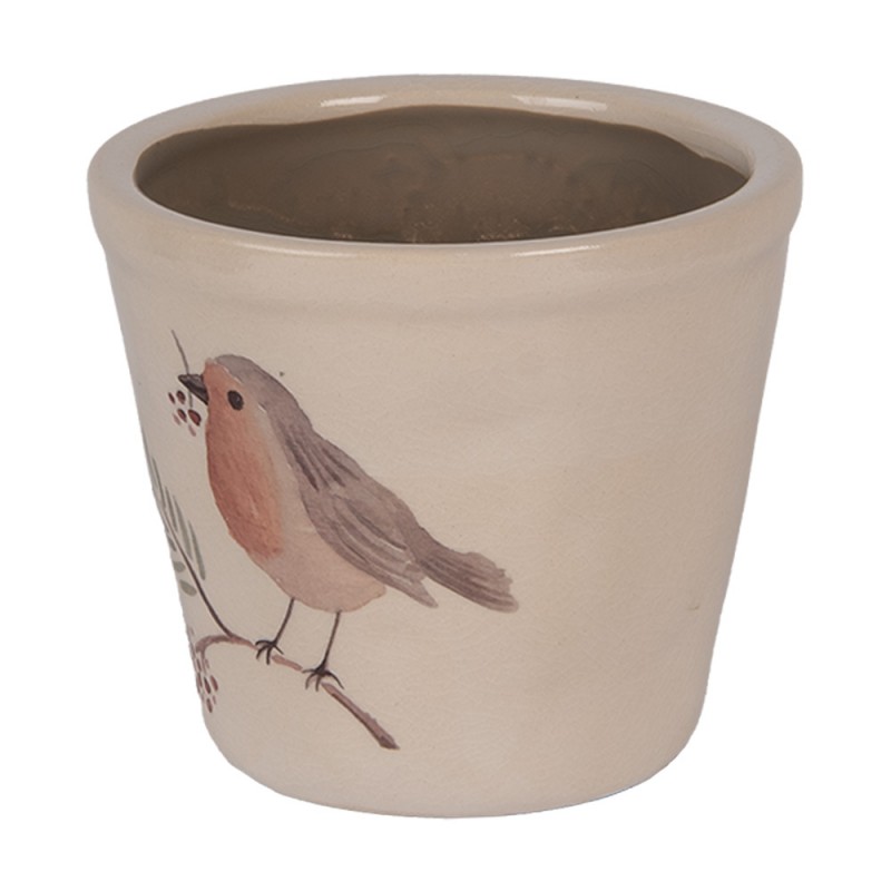 Clayre & Eef 6CEVGP0001S Bloempot Ø 12x11 Cm Beige Keramiek Vogel