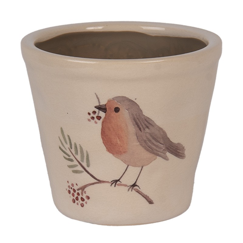 Clayre & Eef 6CEVGP0001S Bloempot Ø 12x11 Cm Beige Keramiek Vogel
