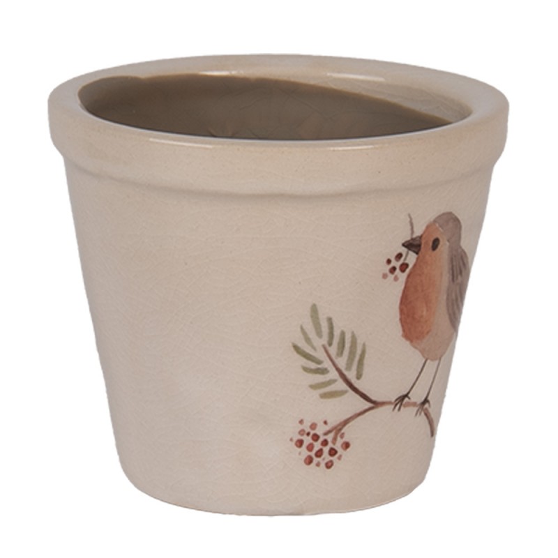 Clayre & Eef 6CEVGP0001XS Bloempot Ø 8x7 Cm Beige Keramiek Vogel