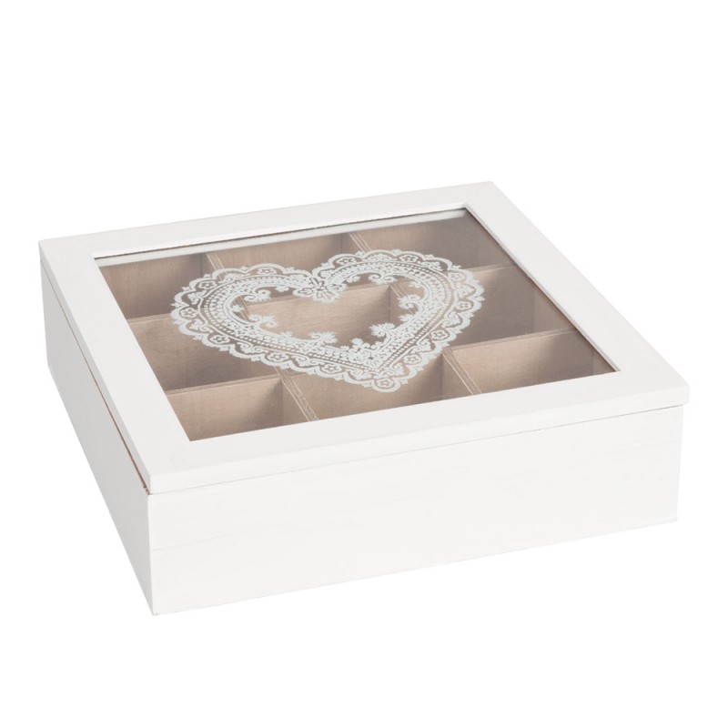clayre & eef 6H0539 Theedoos 9 Vakken 24x24x7 cm Wit Hout Hart Vierkant Theekist