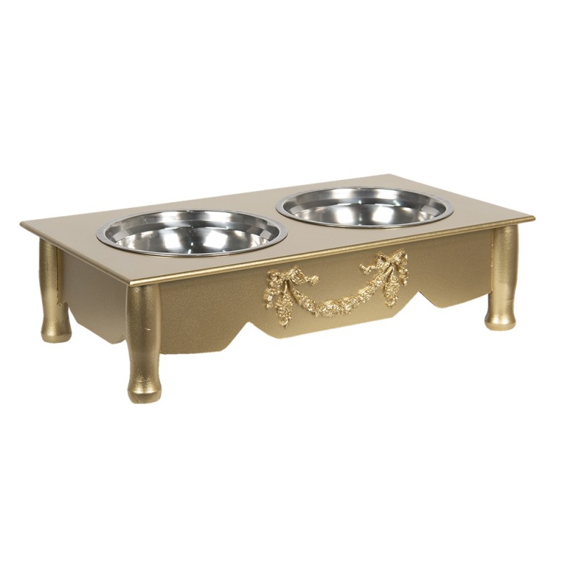 Clayre & Eef 6H0769GO Voerbak Hond 2x500 Ml Goudkleurig Hout Rechthoek Voerbak Kat