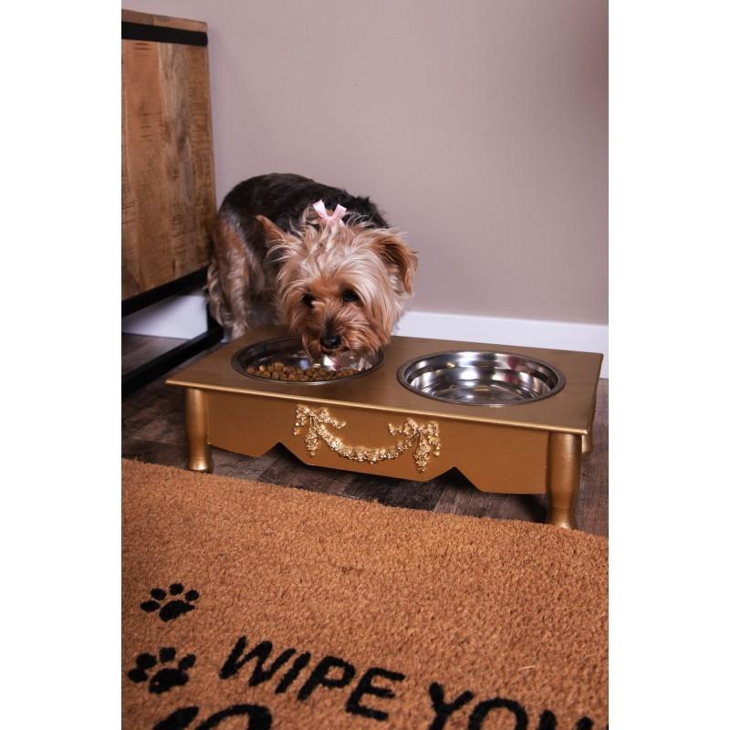 Clayre & Eef 6H0769GO Voerbak Hond 2x500 Ml Goudkleurig Hout Rechthoek Voerbak Kat