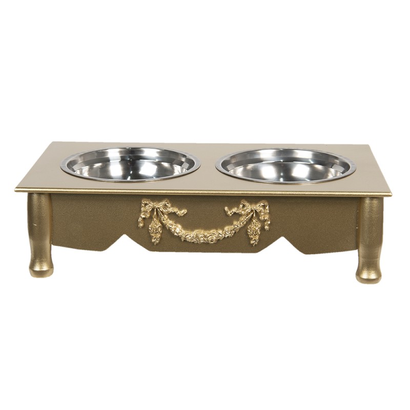 clayre & eef 6H0769GO Voerbak hond 2x500 ml Goudkleurig Hout Rechthoek Voerbak Kat