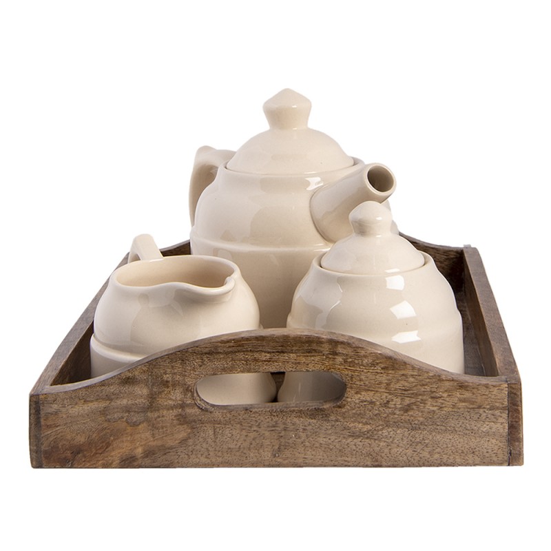 Clayre & Eef 6H1986 Theepot Set 27x22x16 Cm Beige Bruin Hout Theekan