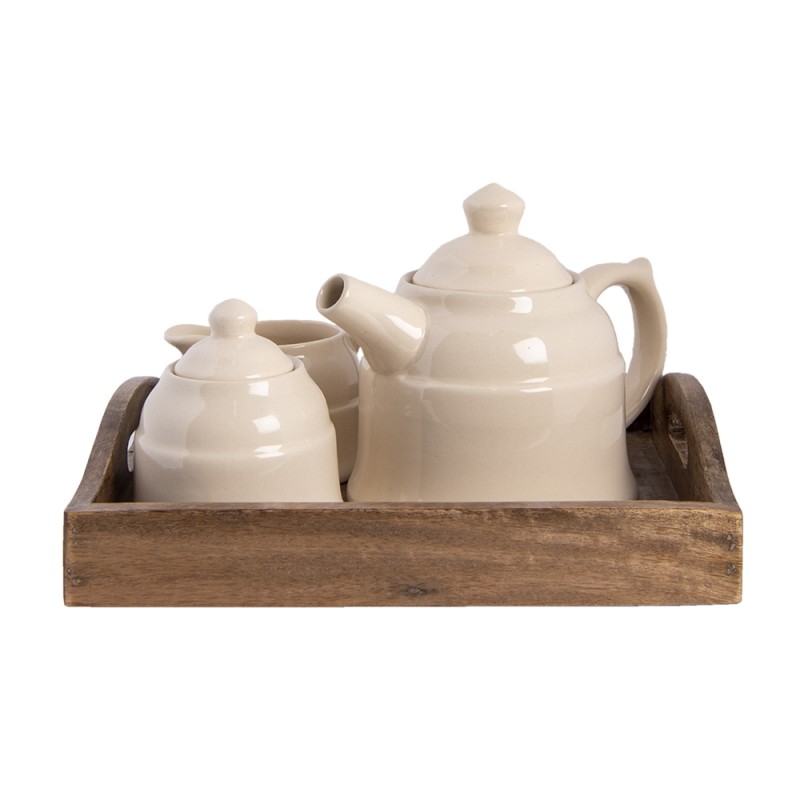 clayre & eef 6H1986 Theepot Set 27x22x16 cm Beige Bruin Hout Theekan