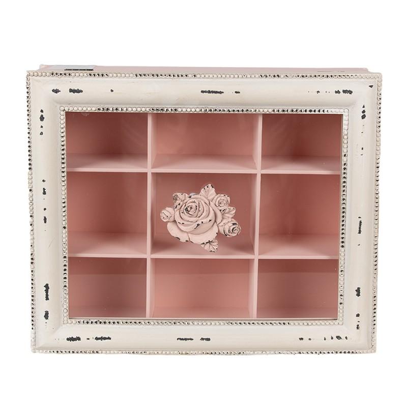 Clayre & Eef 6H2029 Theedoos 9 Vakken 32x26x9 Cm Roze MDF Bloemen Rechthoek Theekist