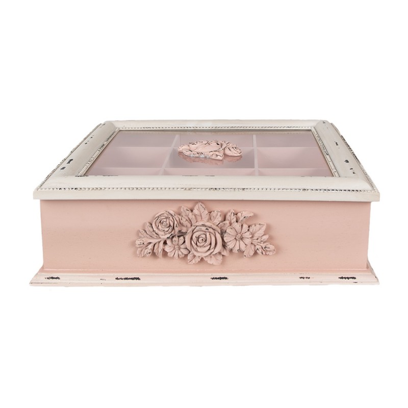 clayre & eef 6H2029 Theedoos 9 Vakken 32x26x9 cm Roze MDF Bloemen Rechthoek Theekist