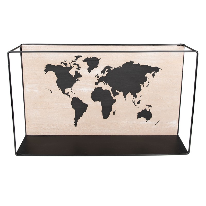 clayre & eef 6H2238 Wandrek 46x10x28 cm Zwart Bruin MDF Wereldkaart Wandplank