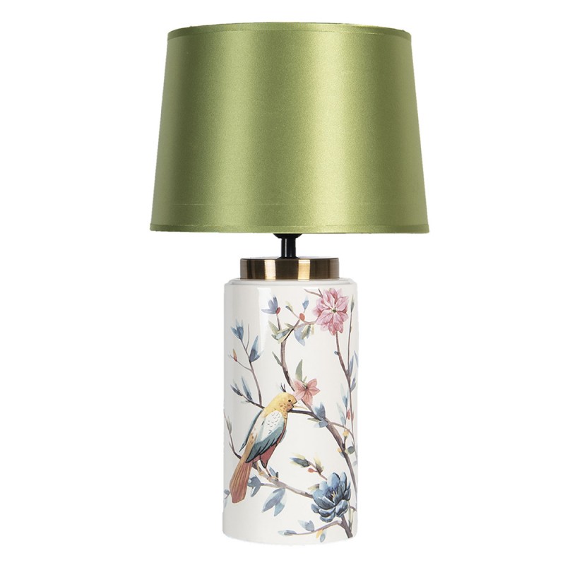 Clayre & Eef 6LMC0022 Tafellamp Ø 28x50 Cm E27/max 1x60W Groen Keramiek Vogels Rond Bureaulamp