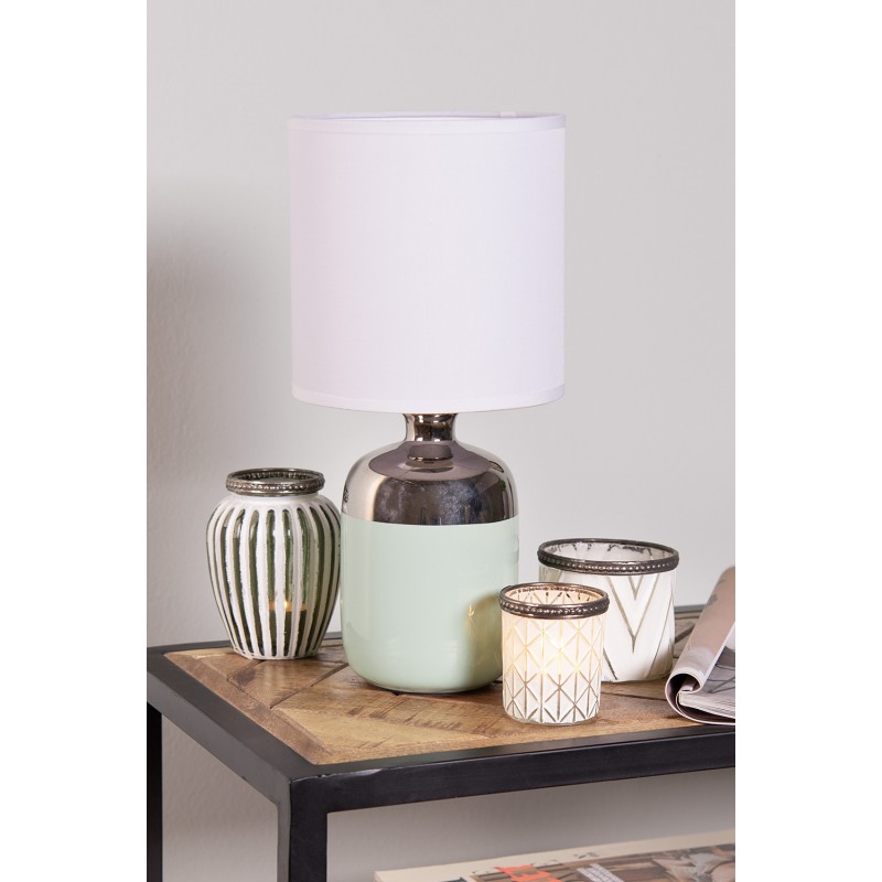 Clayre & Eef 6LMC0071 Tafellamp Ø 15x33 Cm Wit Zilverkleurig Keramiek Rond Bureaulamp