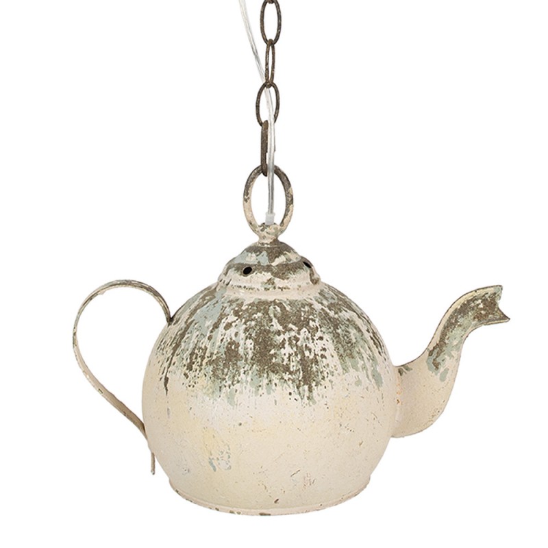 Clayre & Eef 6LMP783 Hanglamp Theepot 37x20x26 Cm Beige Groen IJzer Hanglamp Eettafel