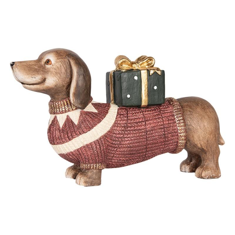 Clayre & Eef 6MG0147 Kerstdecoratie Beeld Hond Teckel 47x14x28 Cm Bruin Rood Keramisch Materiaal