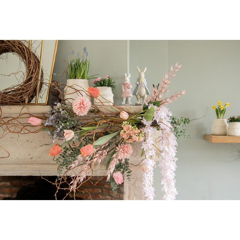 Clayre & Eef 6PR3150 Beeld Konijn 9x8x20 Cm Wit Roze Polyresin Woonaccessoires