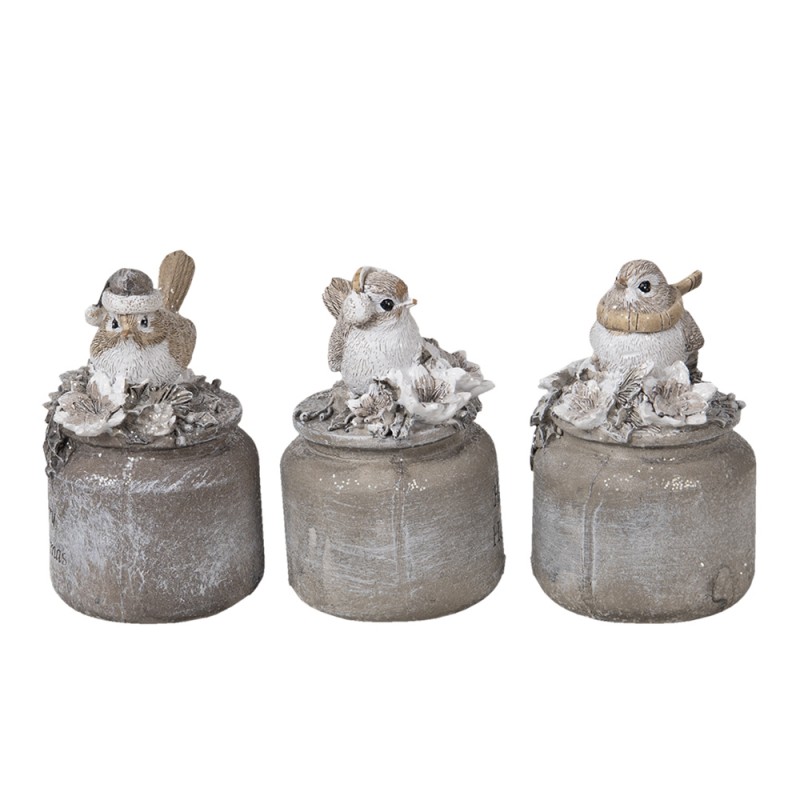Clayre & Eef 6PR3468 Beeld Vogel 7x6x10 Cm Grijs Kunststof Kerstdecoratie