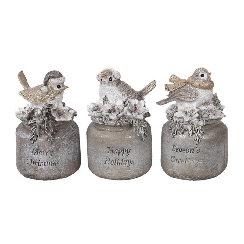 Clayre & Eef 6PR3468 Beeld Vogel 7x6x10 Cm Grijs Kunststof Kerstdecoratie