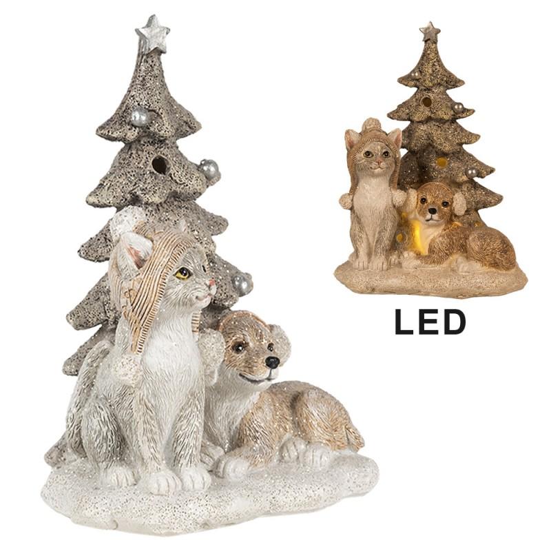 Clayre & Eef 6PR4628 Beeld Dieren 11x9x15 Cm LED Wit Grijs Kunststof Dieren Kerstdecoratie
