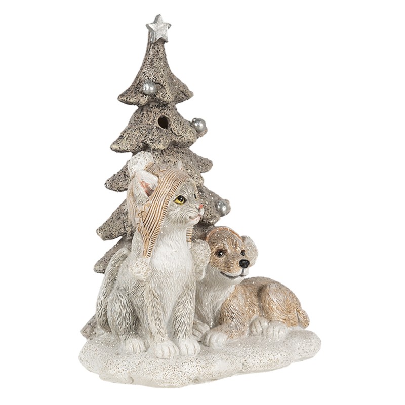Clayre & Eef 6PR4628 Beeld Dieren 11x9x15 Cm LED Wit Grijs Kunststof Dieren Kerstdecoratie