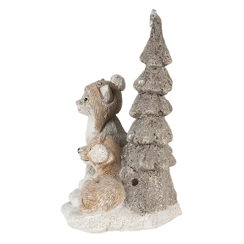 Clayre & Eef 6PR4628 Beeld Dieren 11x9x15 Cm LED Wit Grijs Kunststof Dieren Kerstdecoratie