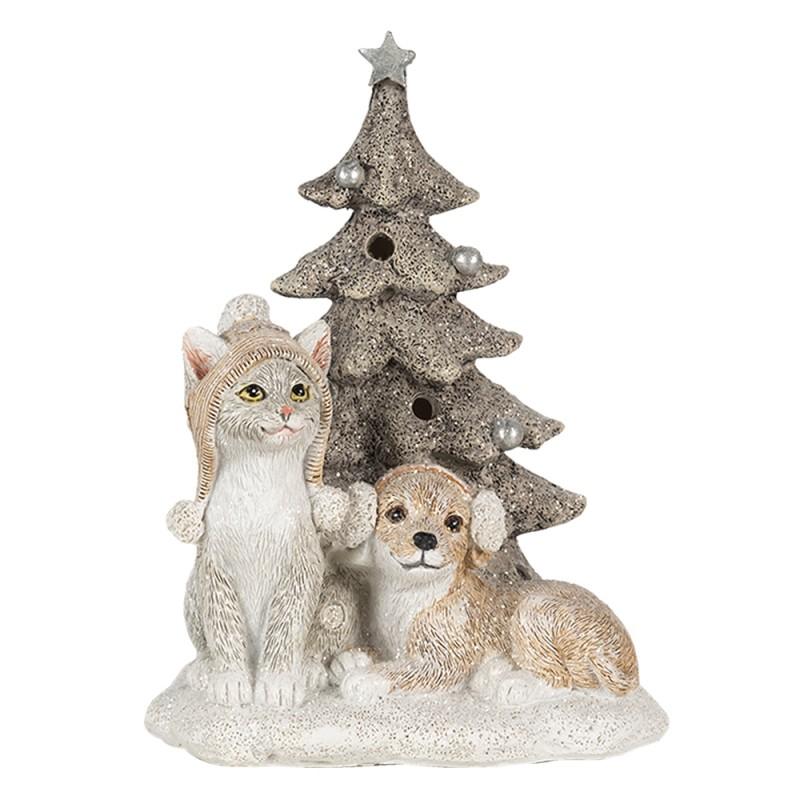 clayre & eef 6PR4628 Beeld Dieren 11x9x15 cm LED Wit Grijs Kunststof Dieren Kerstdecoratie