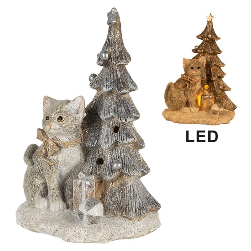 Clayre & Eef 6PR4629 Beeld Kat 12x9x16 Cm LED Grijs Wit Kunststof Kerstdecoratie