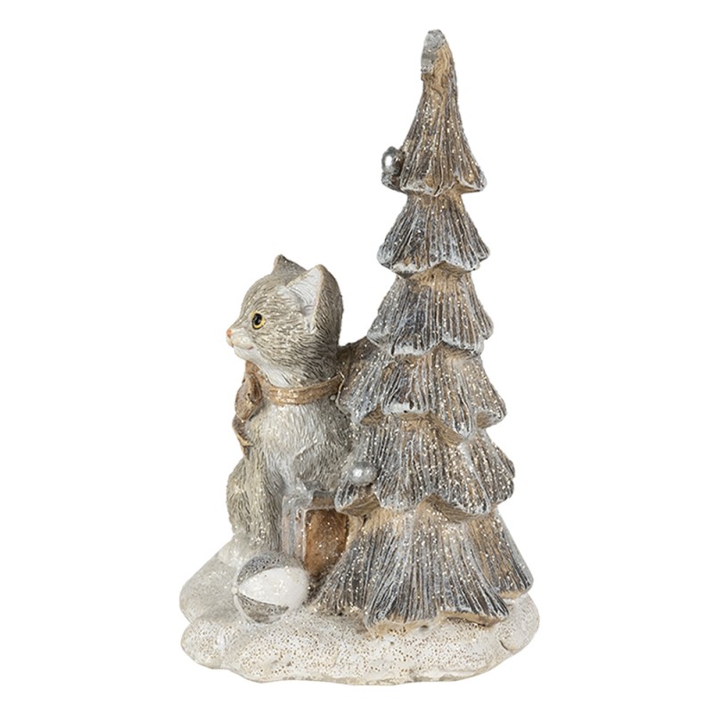Clayre & Eef 6PR4629 Beeld Kat 12x9x16 Cm LED Grijs Wit Kunststof Kerstdecoratie