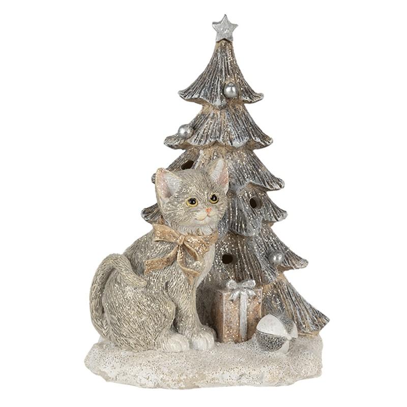 clayre & eef 6PR4629 Beeld Kat 12x9x16 cm LED Grijs Wit Kunststof Kerstdecoratie