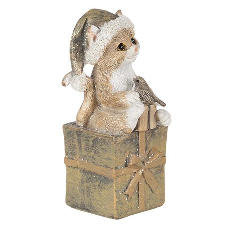Clayre & Eef 6PR4643 Beeld Kat 5x4x10 Cm Bruin Wit Kunststof Kerstdecoratie