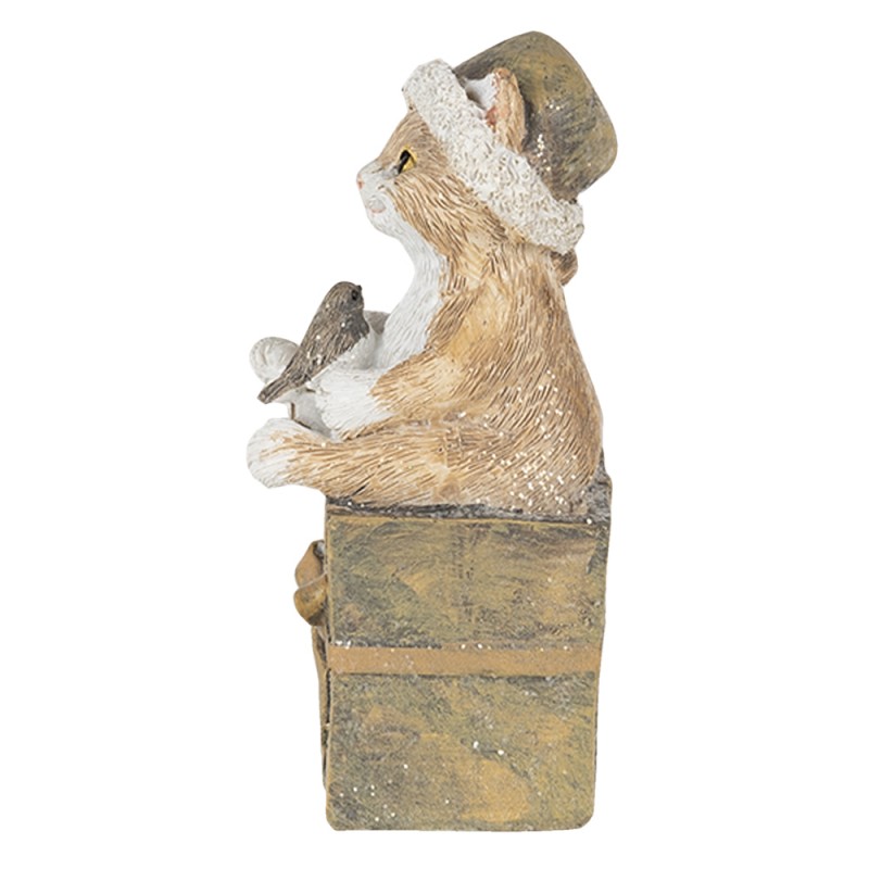 Clayre & Eef 6PR4643 Beeld Kat 5x4x10 Cm Bruin Wit Kunststof Kerstdecoratie