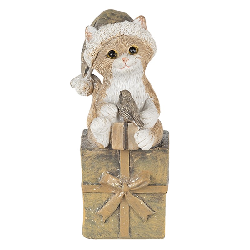 clayre & eef 6PR4643 Beeld Kat 5x4x10 cm Bruin Wit Kunststof Kerstdecoratie