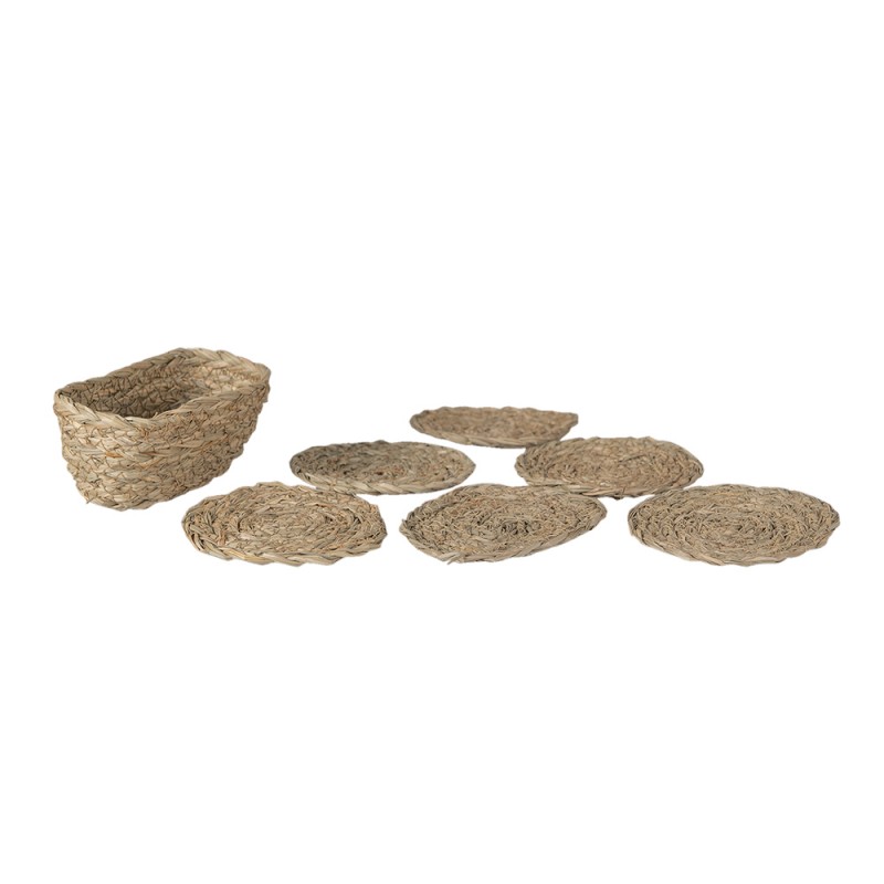 Clayre & Eef 6RO0537 Onderzetters Voor Glazen Ø 12 Cm Bruin Zeegras Rond Onderlegger