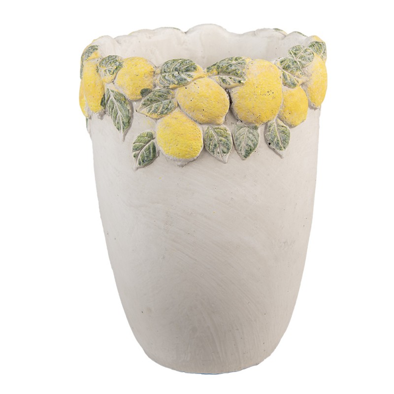 clayre & eef 6TE0570M Bloempot Ø 17x23 cm Wit Geel Steen Citroenen