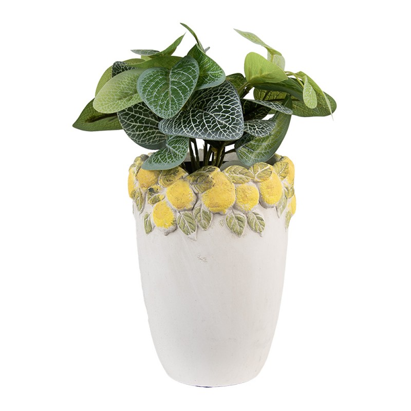 Clayre & Eef 6TE0570S Bloempot Ø 13x17 Cm Wit Geel Steen Citroenen
