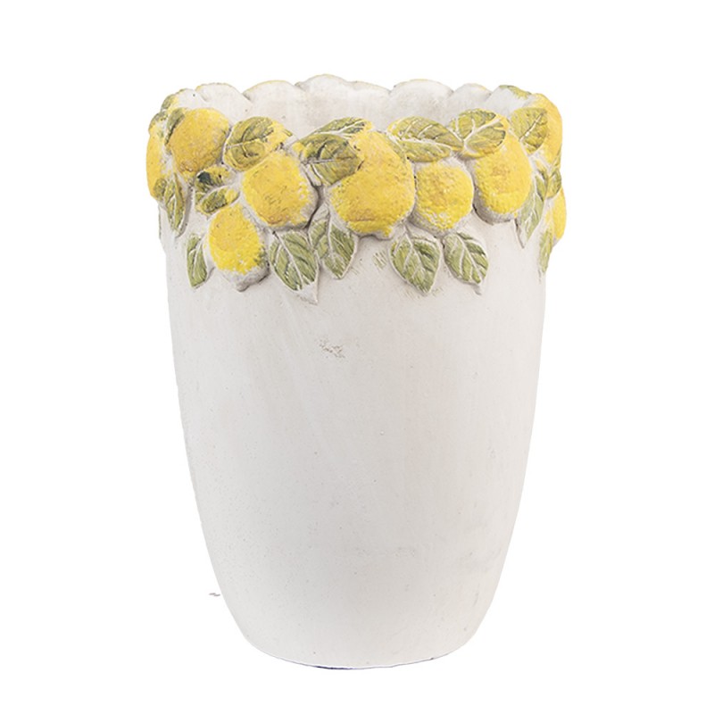 clayre & eef 6TE0570S Bloempot Ø 13x17 cm Wit Geel Steen Citroenen