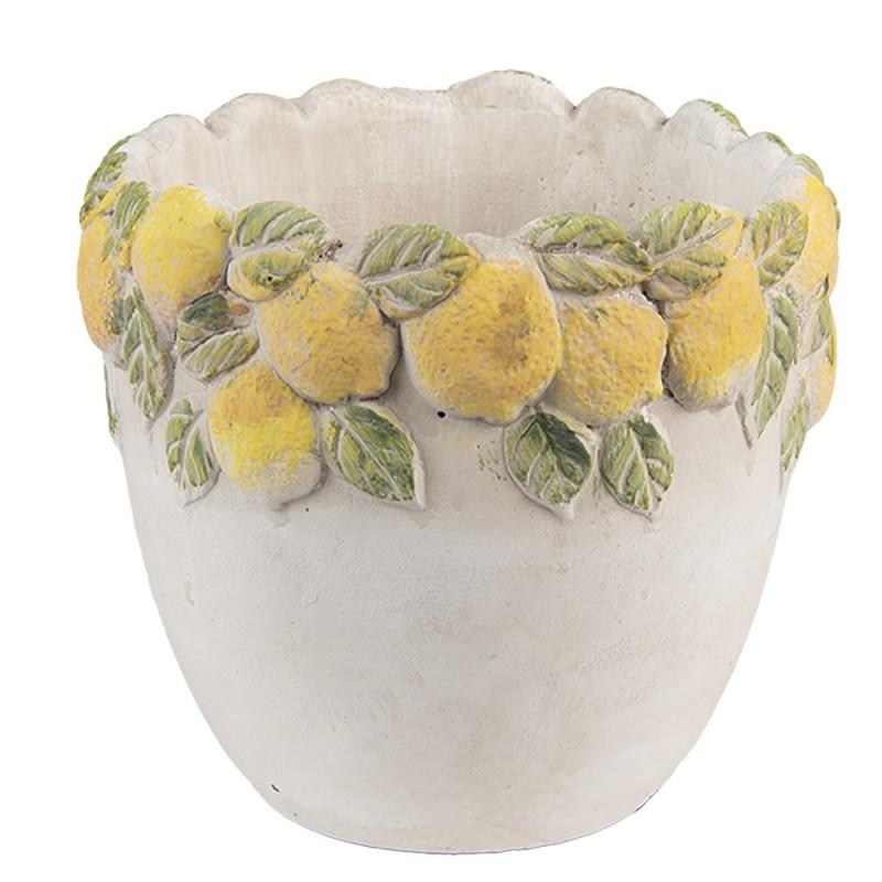 clayre & eef 6TE0571 Bloempot Ø 14x12 cm Wit Geel Steen Citroenen