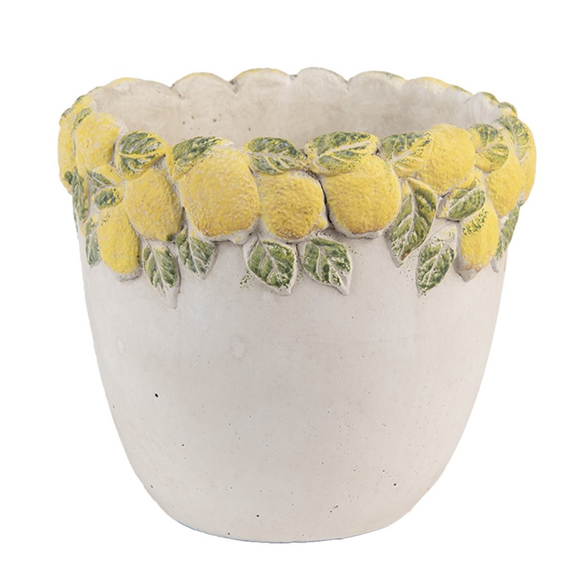 clayre & eef 6TE0572S Bloempot Ø 16x15 cm Wit Geel Steen Citroen