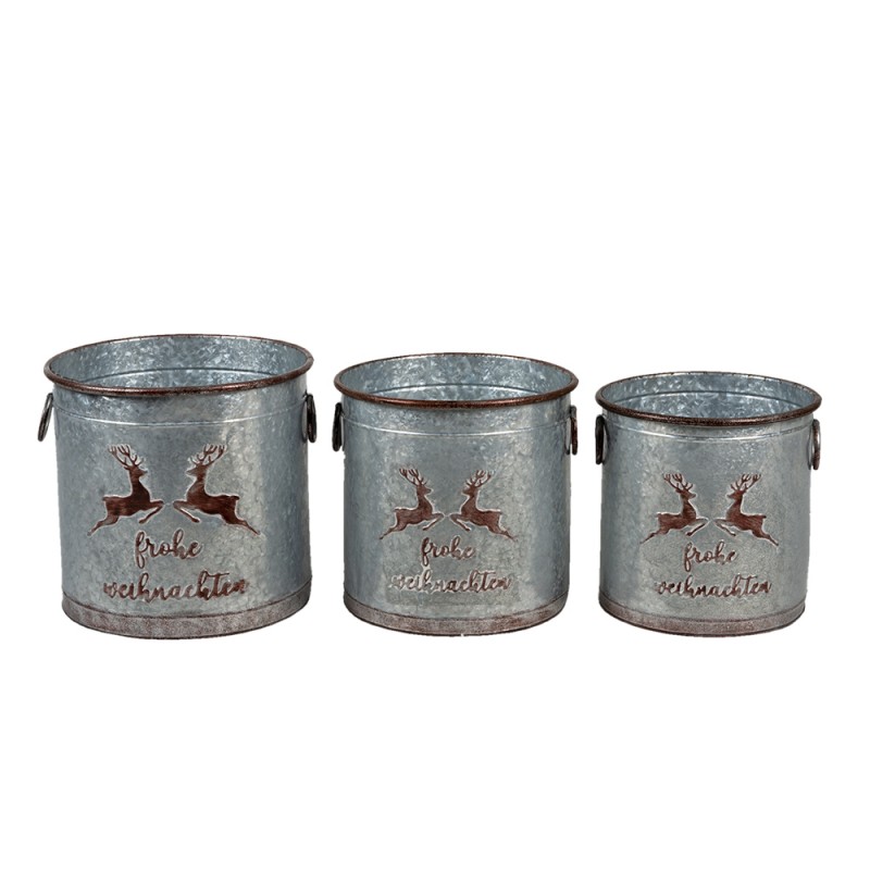 Clayre & Eef 6Y4452 Decoratie Emmer Set Van 3 Grijs IJzer Rendieren Rond Plantenpot