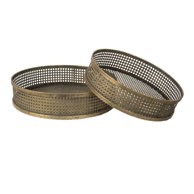 Clayre & Eef 6Y4547 Decoratie Dienblad Set Van 2 Koperkleurig IJzer Rond Serveerschaal