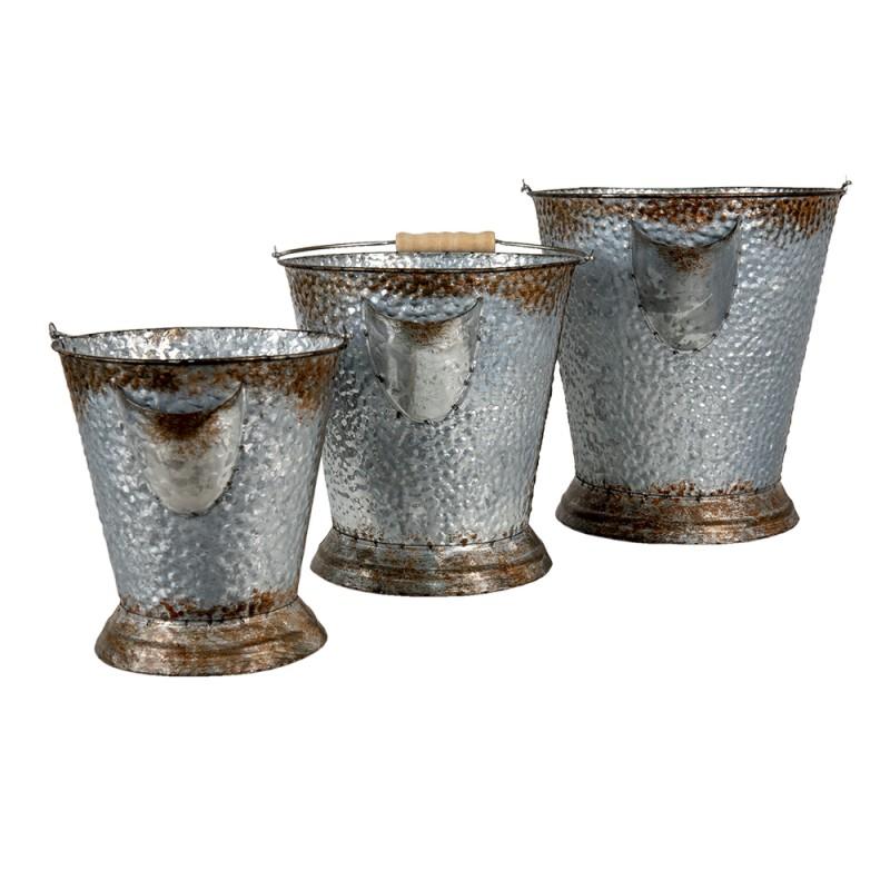 Clayre & Eef 6Y4655 Decoratie Emmer Set Van 3 Ø 26x28 Cm Grijs Bruin IJzer Emmers