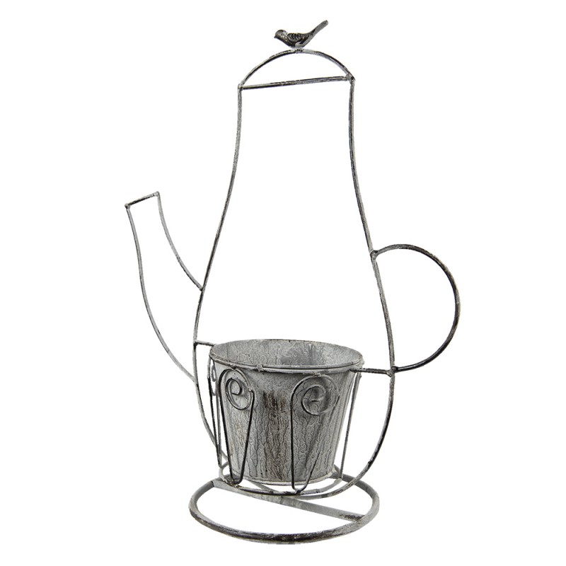 Clayre & Eef 6Y4697 Planthouder Koffiepot 43x20x49 Cm Grijs IJzer Vogel Decoratie Plantenhouder