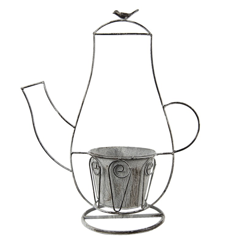 clayre & eef 6Y4697 Planthouder Koffiepot 43x20x49 cm Grijs IJzer Vogel Decoratie Plantenhouder