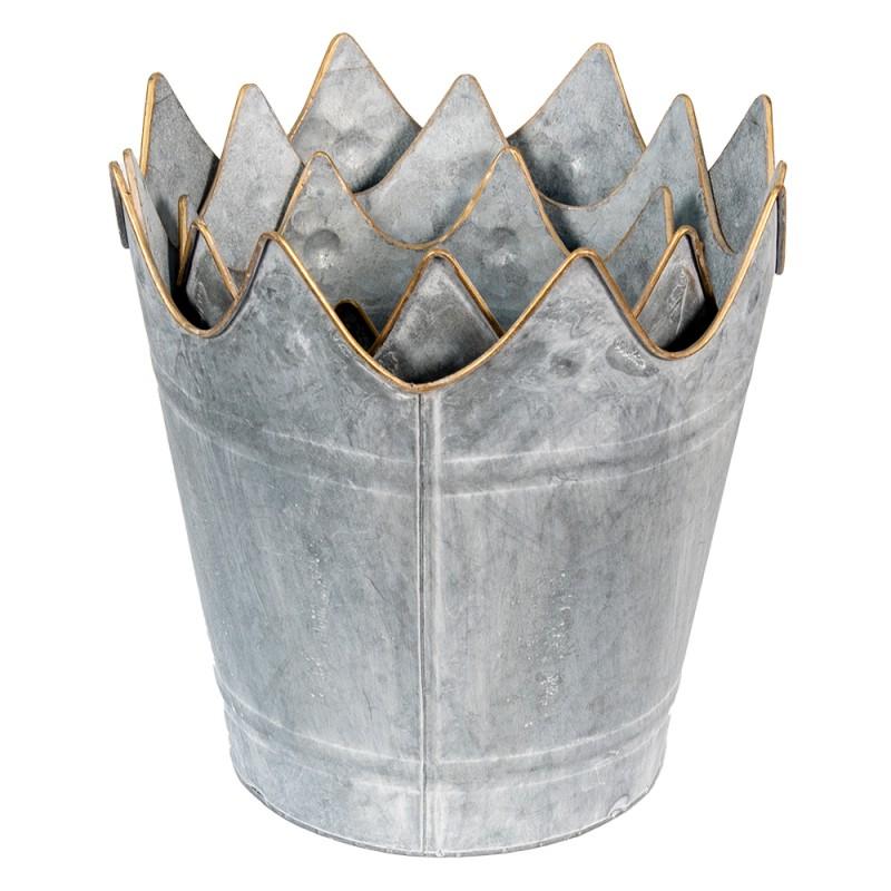 Clayre & Eef 6Y4875 Bloempot Set Van 3 Ø 29 Ø 26 Ø 22 Cm Grijs Metaal Kroon Plantenpot