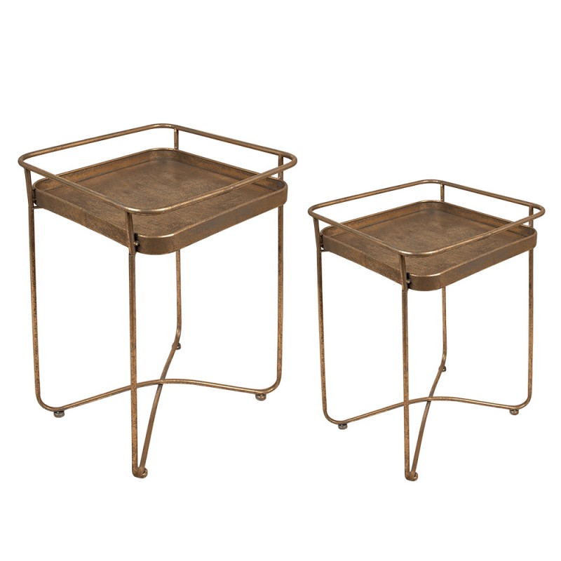 Clayre & Eef 6Y4975 Bijzettafel Set Van 2 38x38x53 Cm Goudkleurig Metaal Vierkant Sidetable