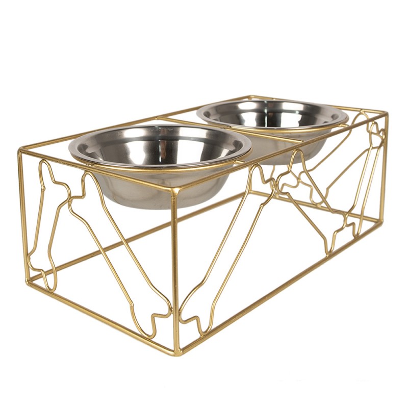 Clayre & Eef 6Y5431 Voerbak Hond 2x500 Ml Goudkleurig Metaal Kluiven Voerbak Kat